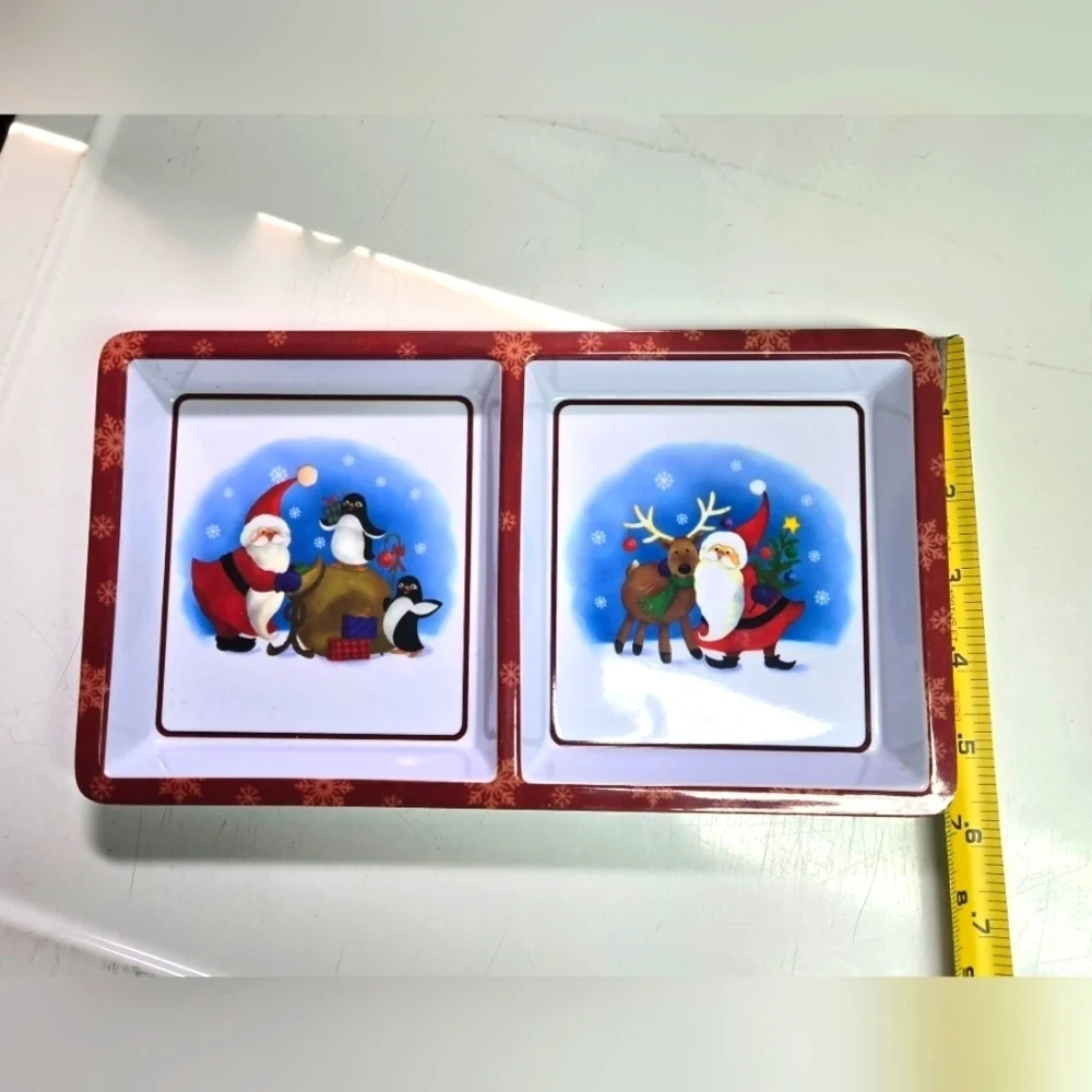Christmas Holiday Serving Dish Divided Plate with Santa Peguins Reindeer New
